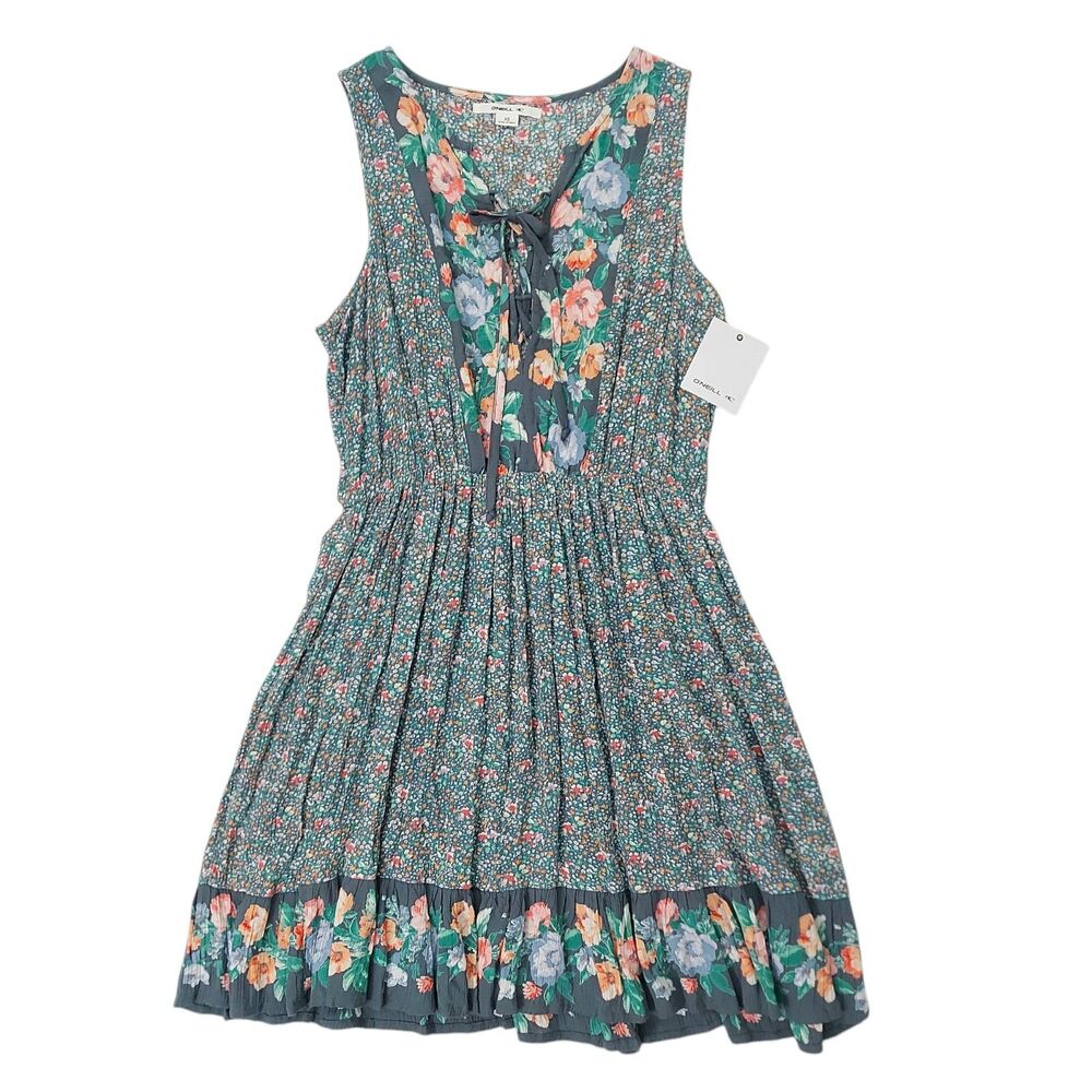 O'Neill Mini Dress Womens XS Green Floral Sleeveless Lace Up Pleated Bohemian
